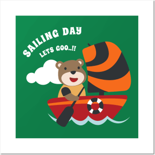 Funny bear sailor cartoon vector on little boat with cartoon style. Posters and Art